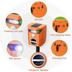Solar animal repeller with flashing light: switch sensor speaker and charging-port details.