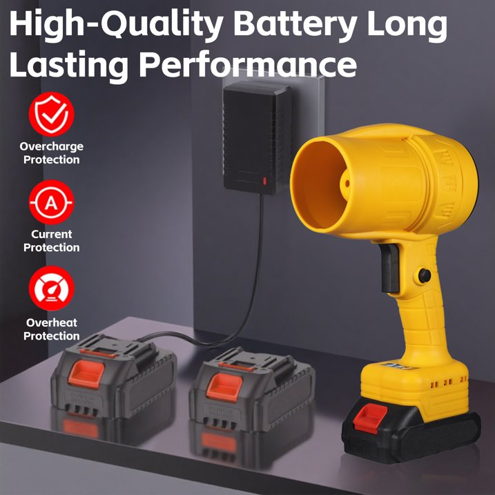 Yellow cordless leaf blower: battery and charging illustration.