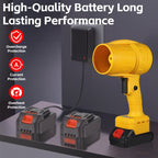 Yellow cordless leaf blower: battery and charging illustration.