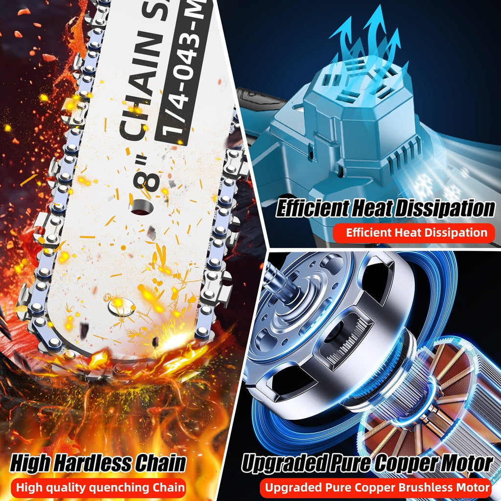 Blue cordless mini chainsaw: chain and motor close-ups.