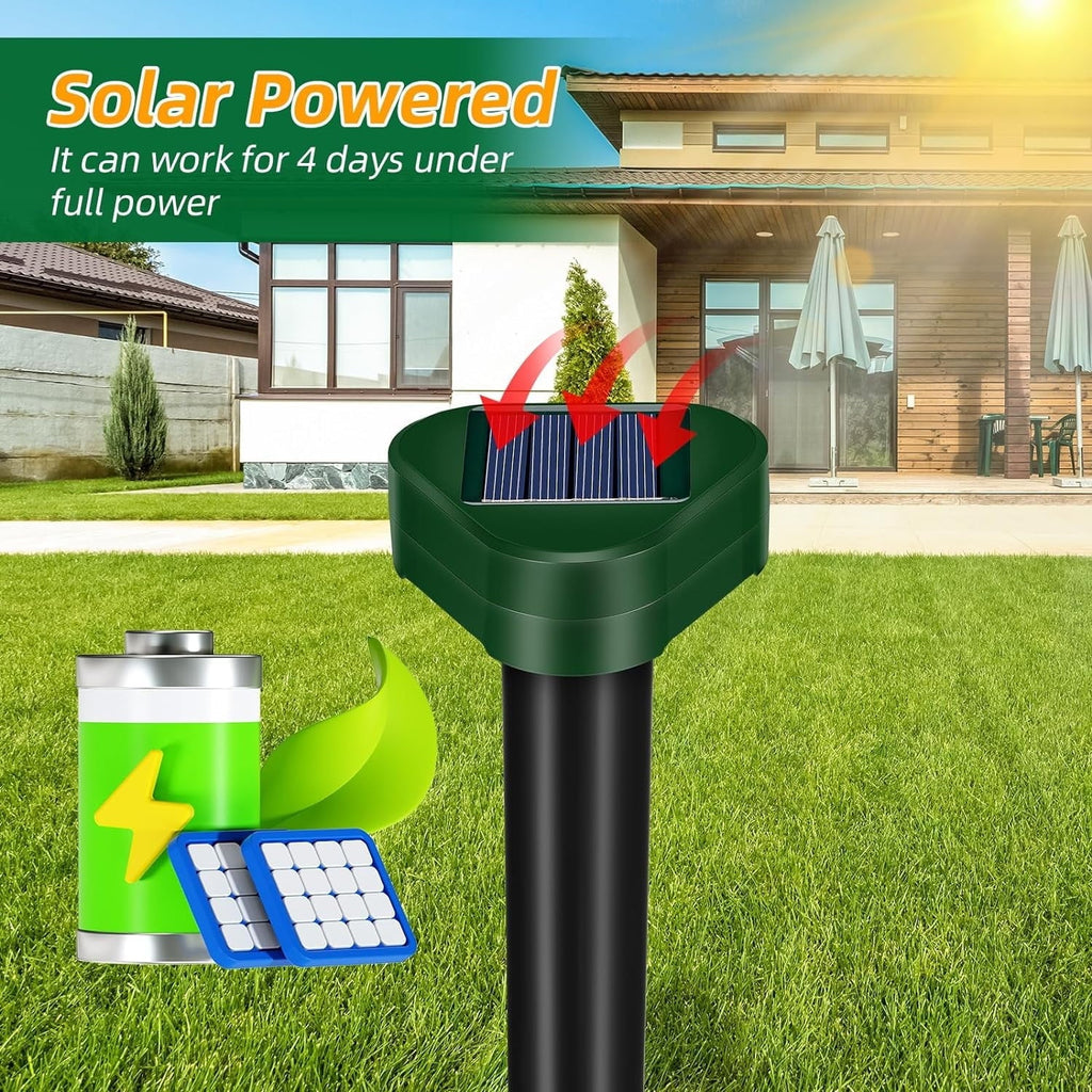 Solar mole repeller 4 pack: solar charging and battery illustration.