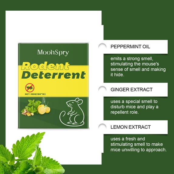 Peppermint rodent repellent balls: packaging and listed botanical ingredients.