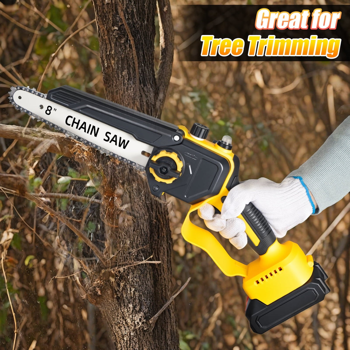 8 inch cordless mini chainsaw: chainsaw used for pruning.