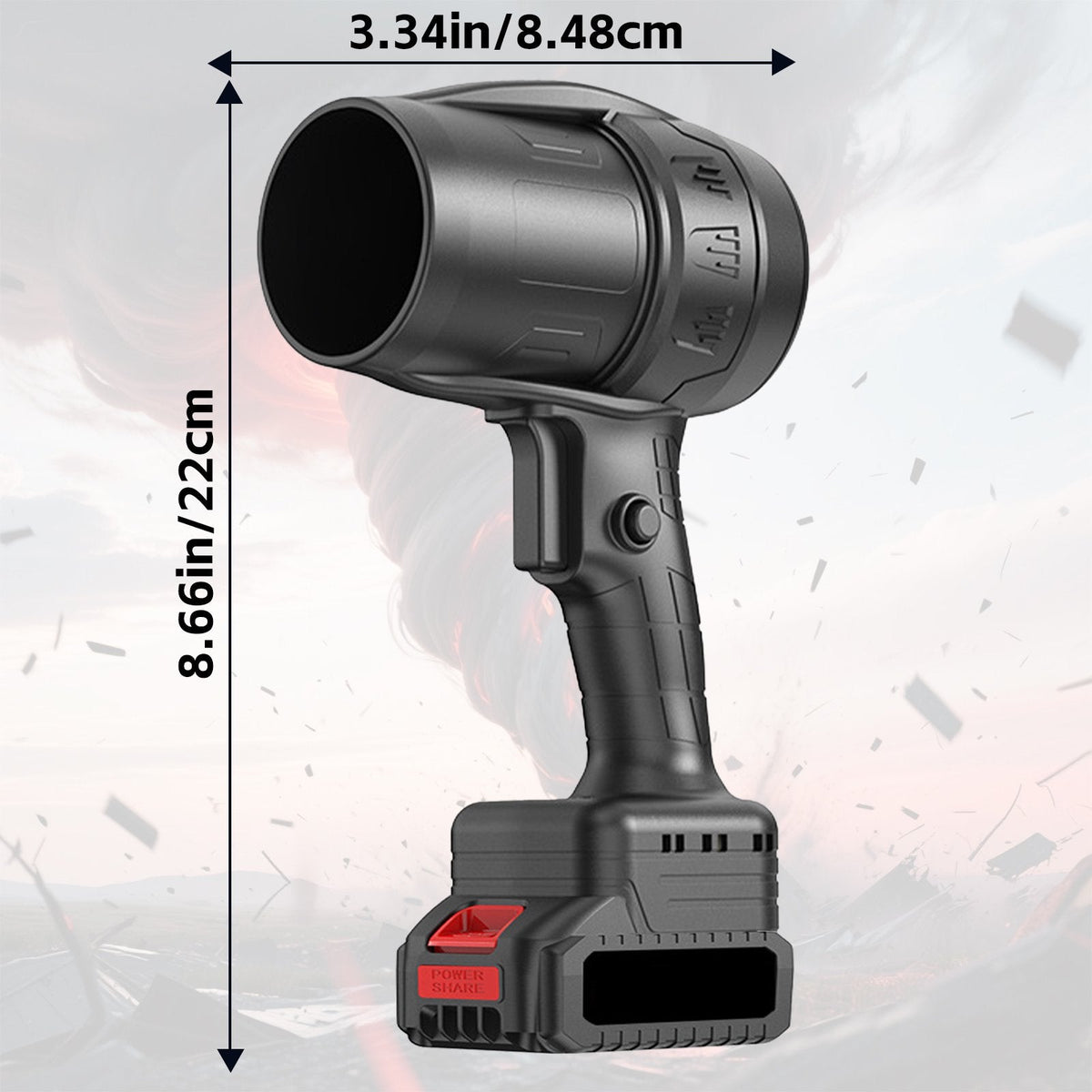 Black cordless leaf blower: handheld blower dimensions.