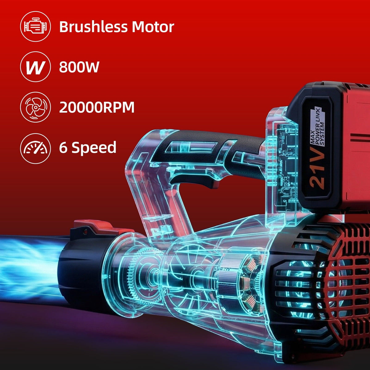 6 speed cordless leaf blower: motor and six-speed control illustration.