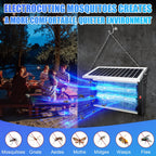 Solar bug zapper with stand: zapper suspended over outdoor seating.