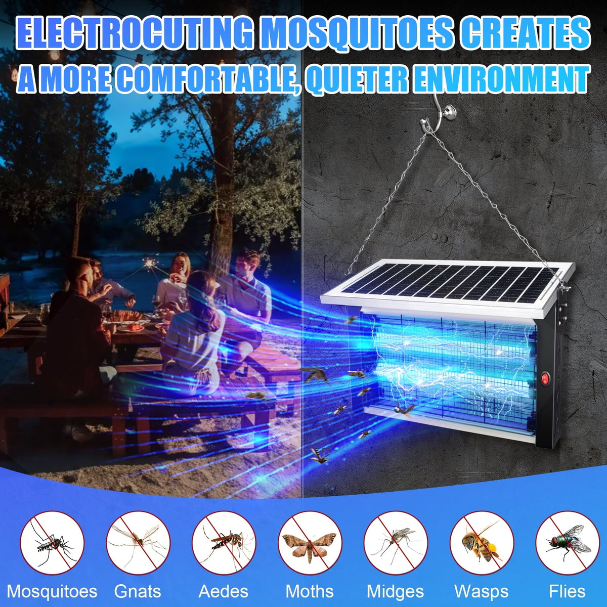 Solar bug zapper with stand: zapper suspended over outdoor seating.