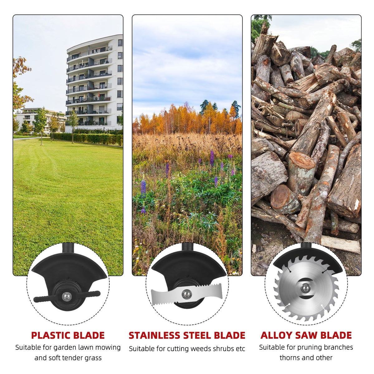 Cordless trimmer blade types: three cutting attachment examples.