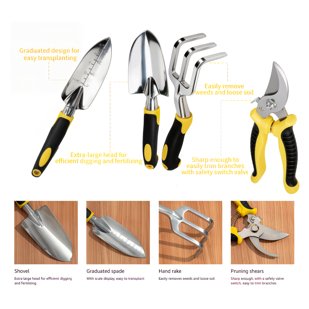 Garden tool set with bag: tool blades grips and pruning lock.