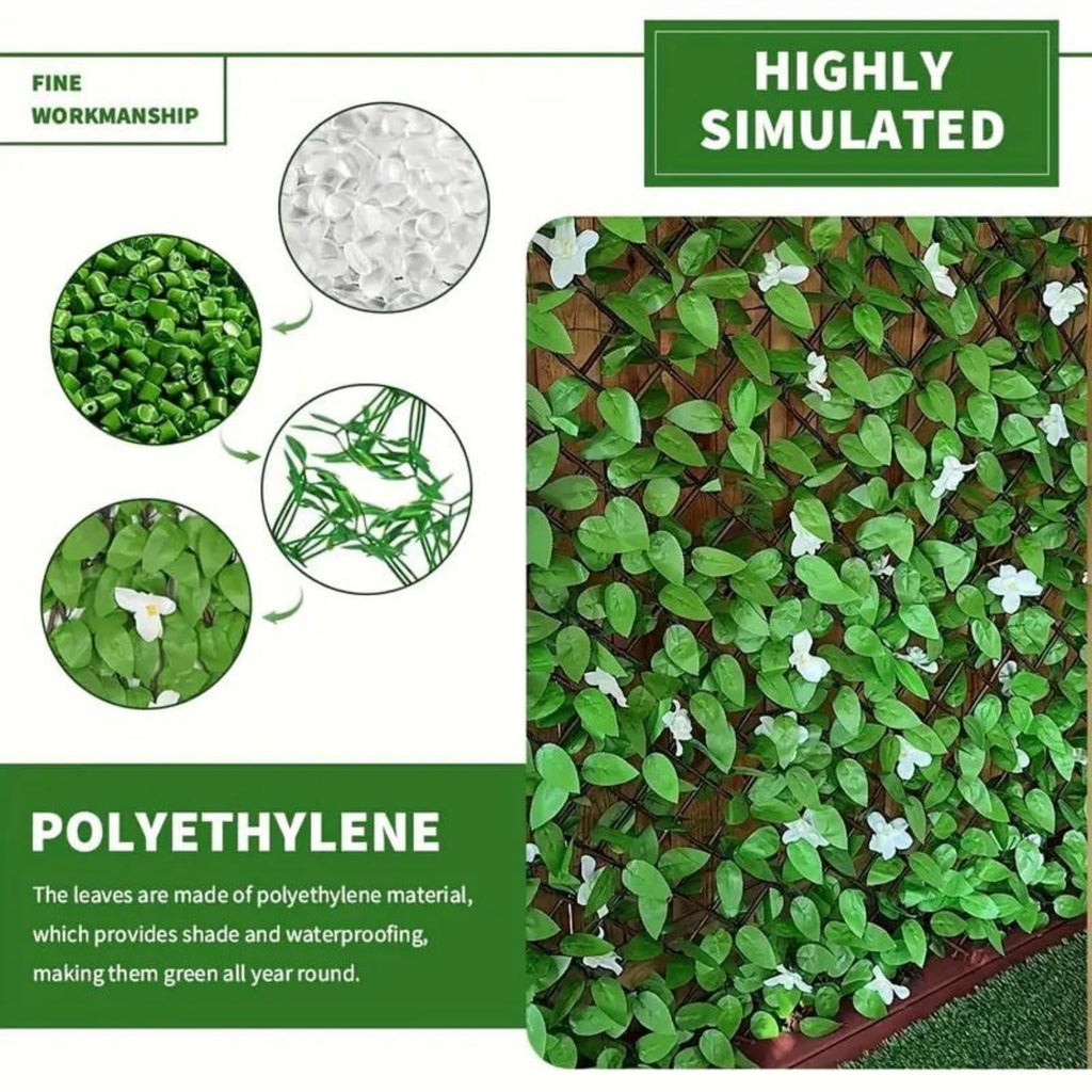 Expandable ivy privacy fence: leaf material and texture close-ups.