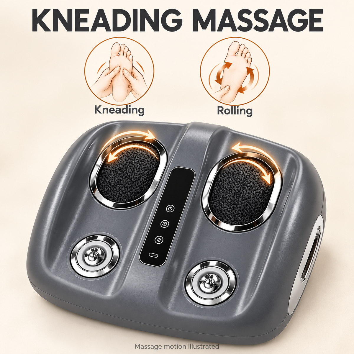 Electric foot massager with heat: kneading and rolling illustration.