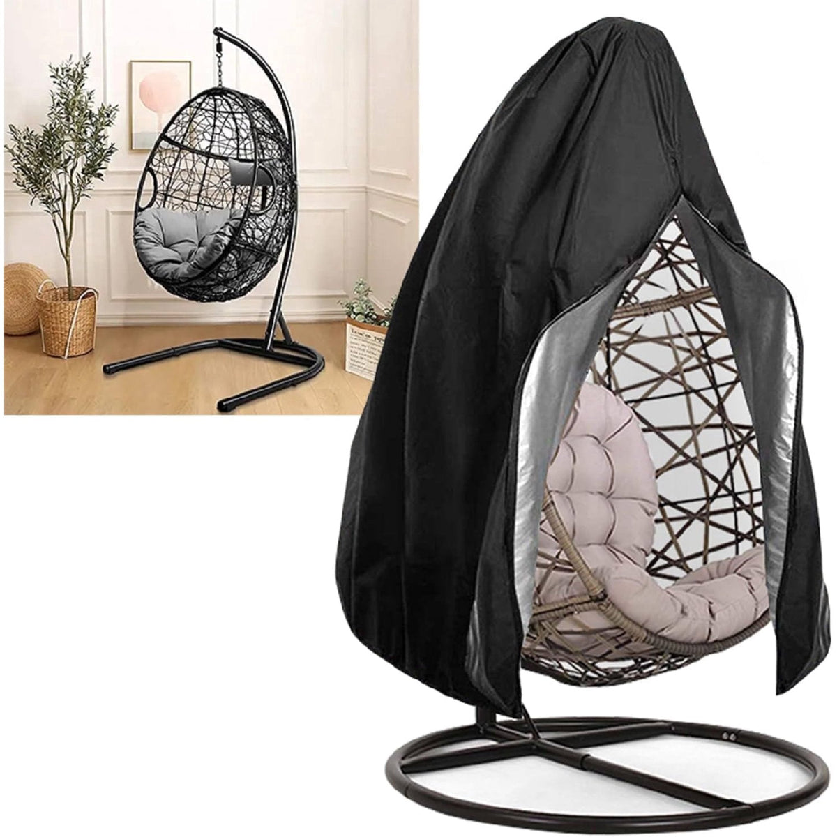 Hanging egg chair cover: black zippered cover over single egg chair.