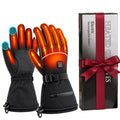 Rechargeable heated gloves: black heated gloves and gift packaging.