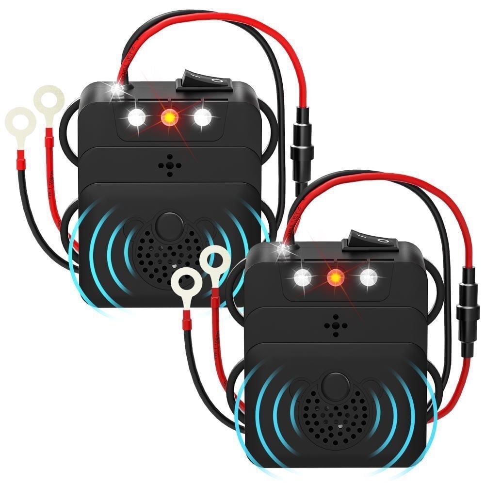 Under hood rodent repeller 2 pack: two under-hood rodent repellers with battery leads.