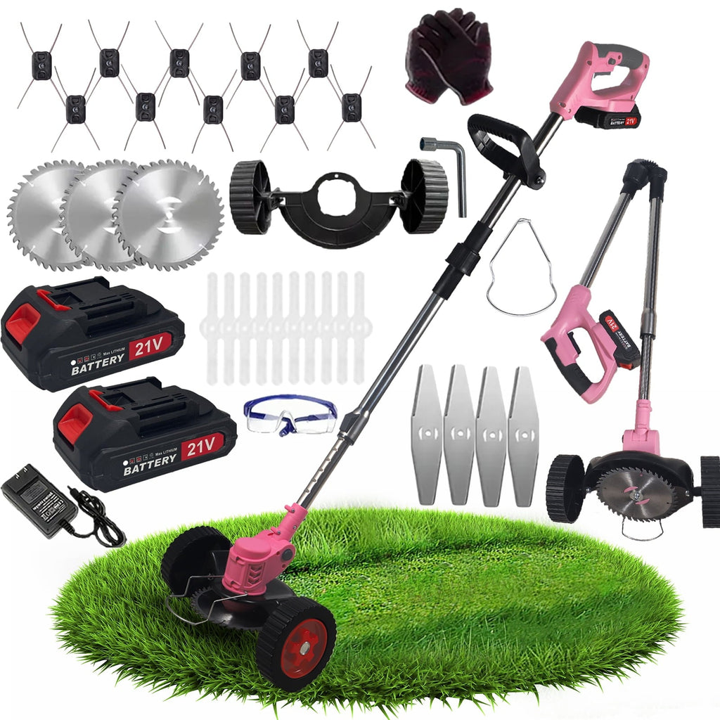 Pink cordless trimmer: pink wheeled trimmer batteries and attachments.