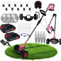 Pink cordless trimmer: pink wheeled trimmer batteries and attachments.