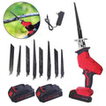 Cordless reciprocating saw: red reciprocating saw batteries charger and blades.