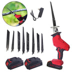 Cordless reciprocating saw: red reciprocating saw batteries charger and blades.