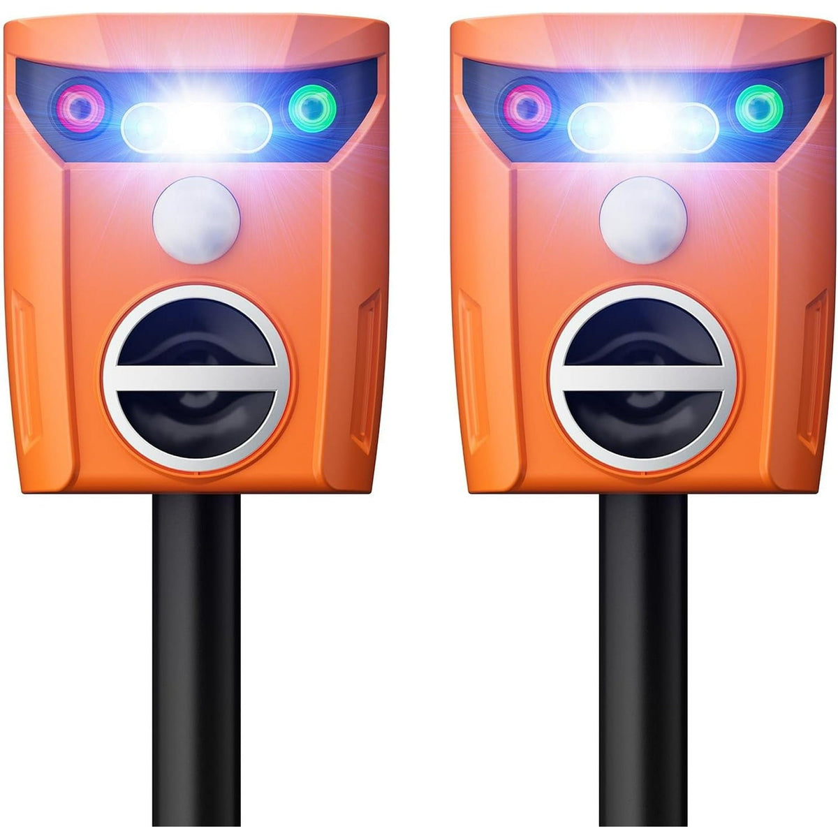 Solar animal repeller with flashing light: two orange solar repellers on stakes.