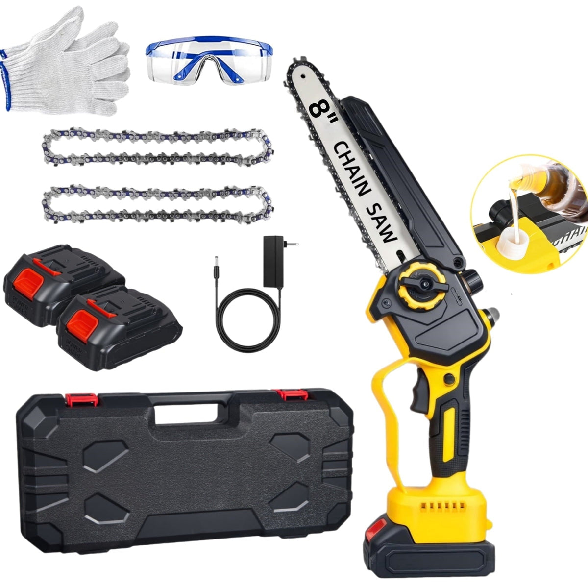 8 inch cordless mini chainsaw: yellow chainsaw batteries chains and case.