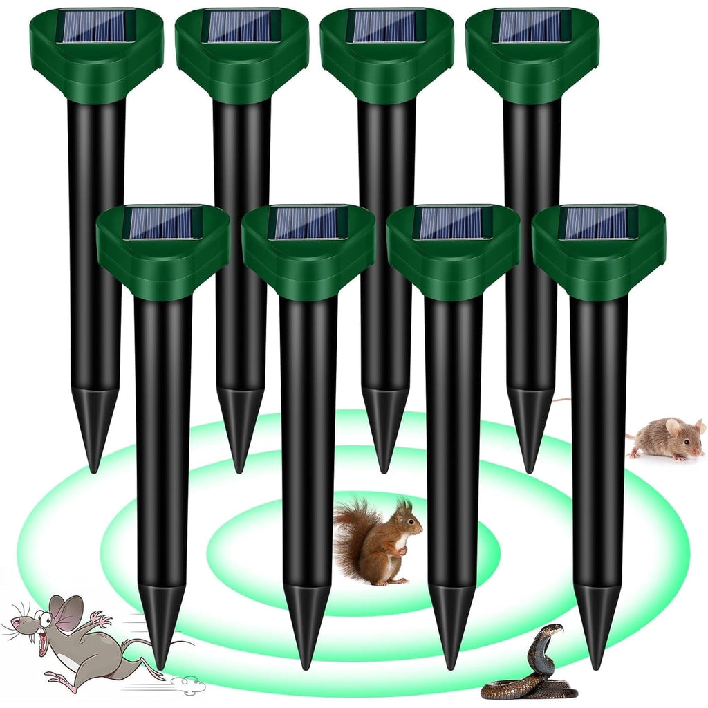 Solar mole deterrent stakes: eight square-top solar deterrent stakes.