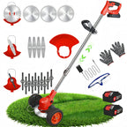 Cordless lawn trimmer with wheels: red wheeled trimmer batteries and attachments.