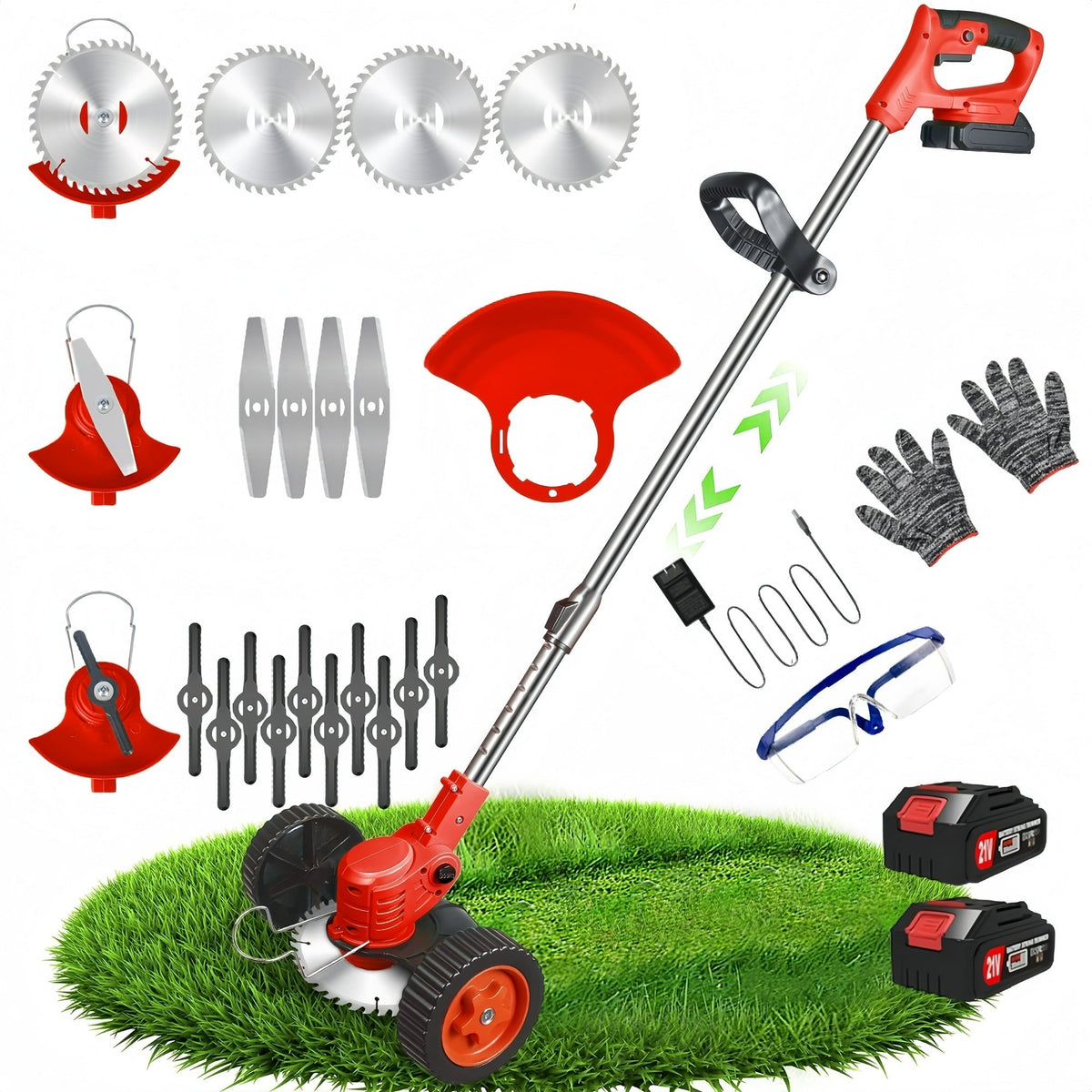Cordless lawn trimmer with wheels: red wheeled trimmer batteries and attachments.