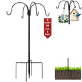 Garden shepherds hook: four-hook garden hanger and five-prong base.