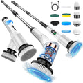 Cordless electric spin scrubber: spin scrubber handle and interchangeable heads.