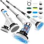 Cordless electric spin scrubber: spin scrubber handle and interchangeable heads.