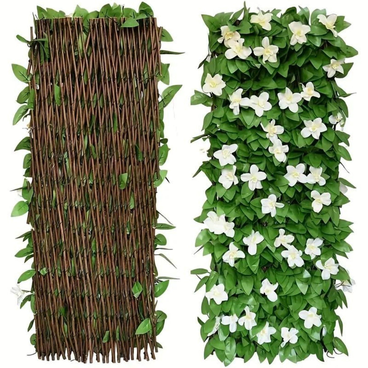 Expandable ivy privacy fence: artificial ivy trellis with white flowers.