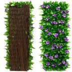 Expandable ivy privacy trellis: artificial ivy trellis with purple flowers.