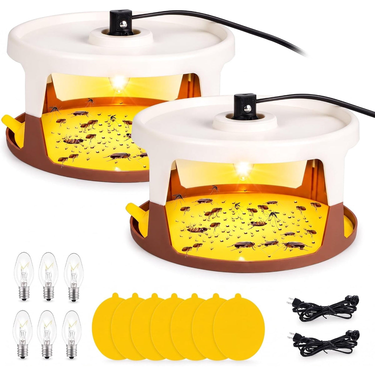 Indoor flea light trap: two white flea traps with pads bulbs and cords.