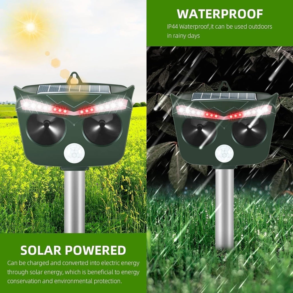 Jinyi solar animal repeller: solar charging and rain illustration.