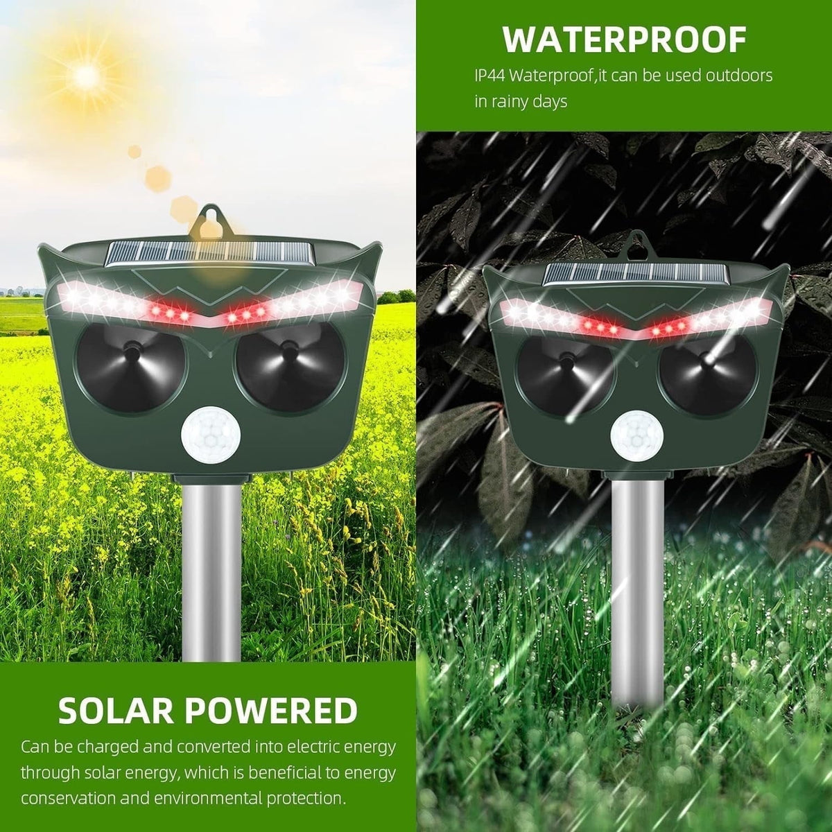 Jinyi solar animal repeller: solar charging and rain illustration.