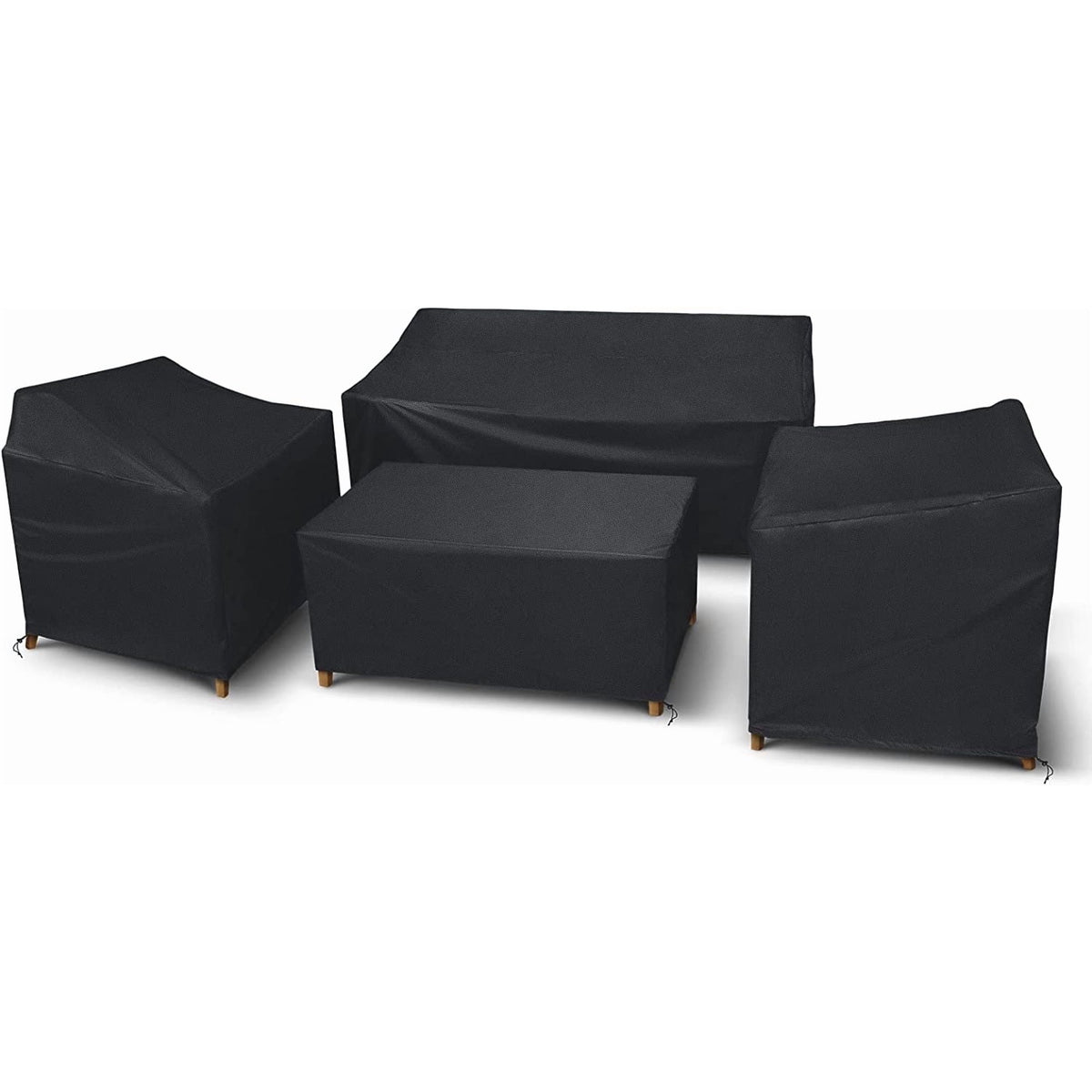 Patio furniture cover set: four black patio furniture covers.