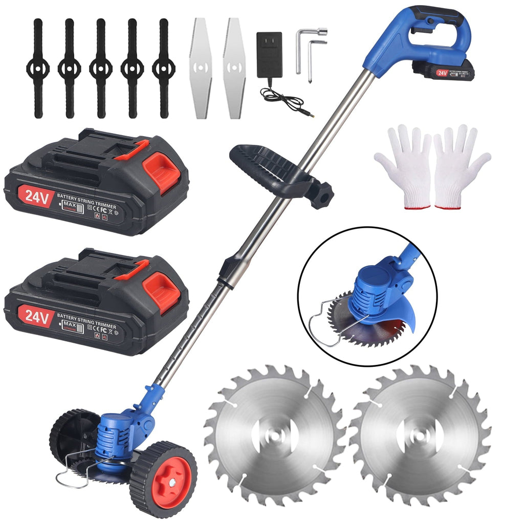 Blue cordless grass trimmer: blue wheeled trimmer batteries and blades.