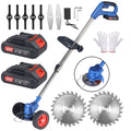 Blue cordless grass trimmer: blue wheeled trimmer batteries and blades.
