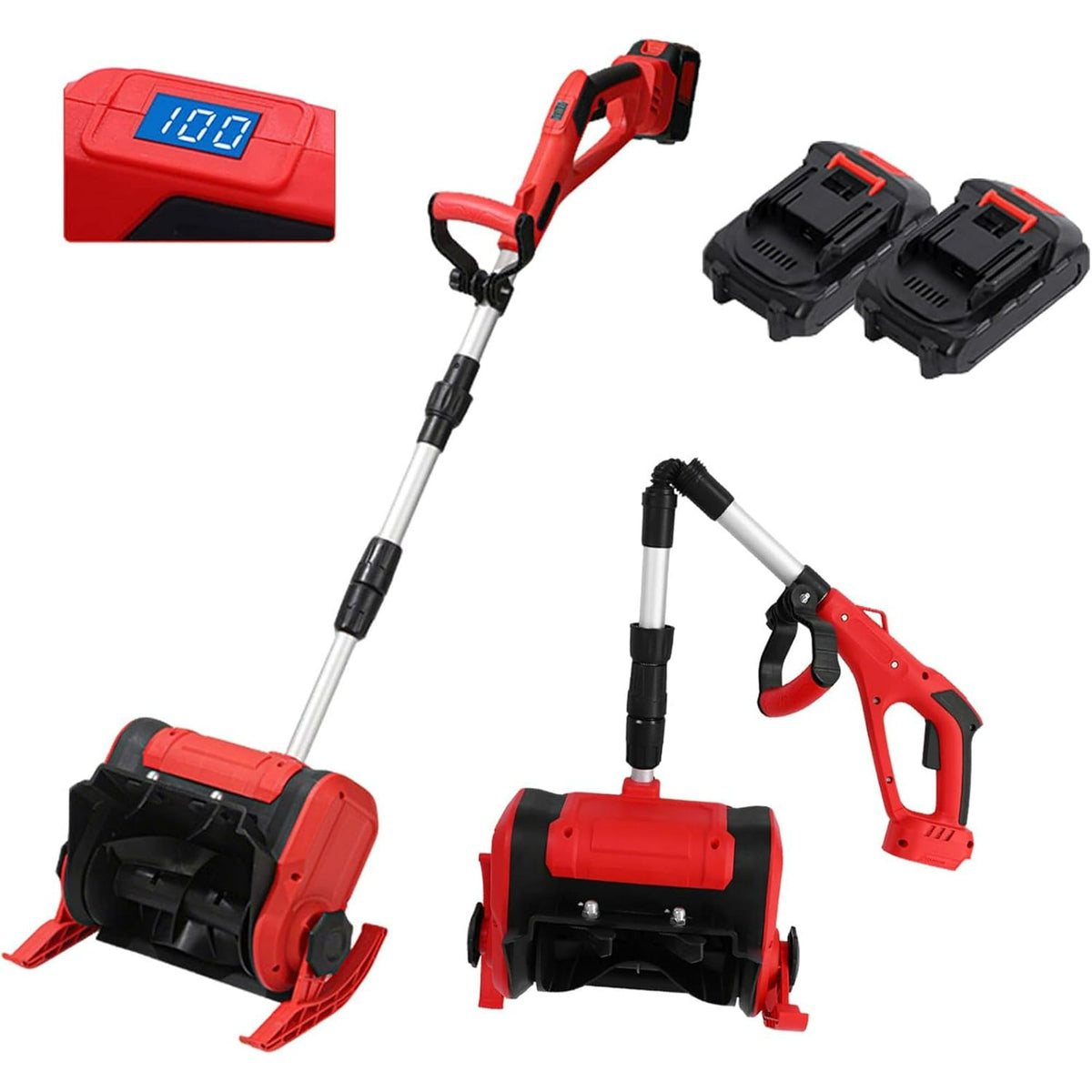 Cordless snow shovel: red snow shovel batteries and charger.