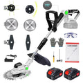 Brushless cordless trimmer: white and green trimmer batteries and blade kit.