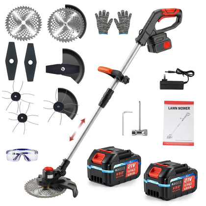 Brushless cordless string trimmer: black and orange trimmer batteries and accessories.