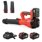 6 speed cordless leaf blower: red leaf blower batteries charger and nozzles.