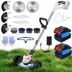 Cordless trimmer with wheels: wheeled trimmer batteries and cutting attachments.