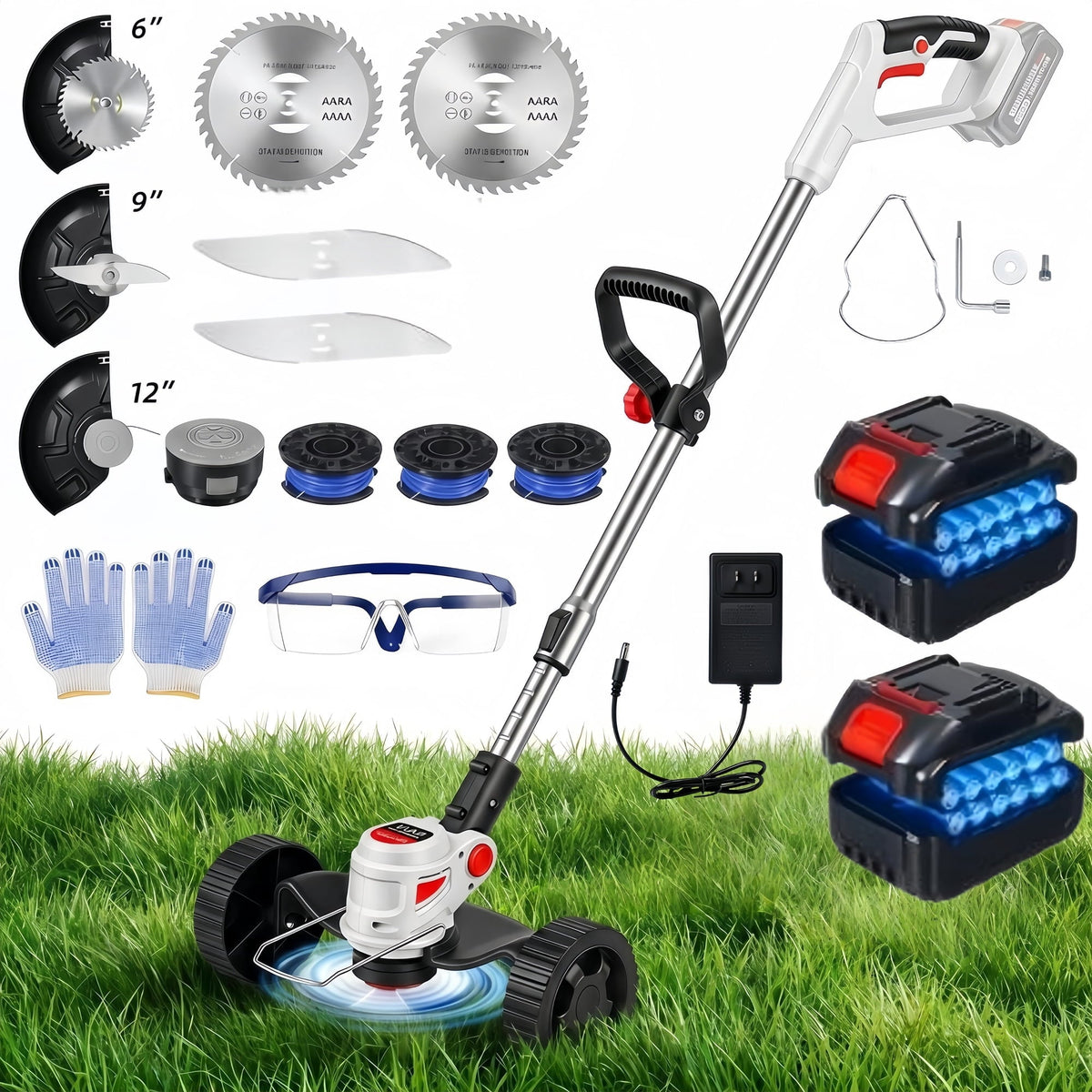 Cordless trimmer with wheels: wheeled trimmer batteries and cutting attachments.