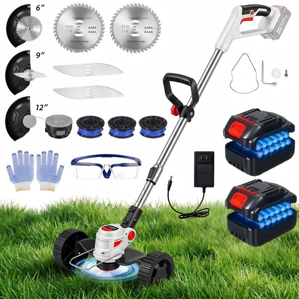 Cordless String Trimmer & Edger with Wheels, 2 Batteries, Silver