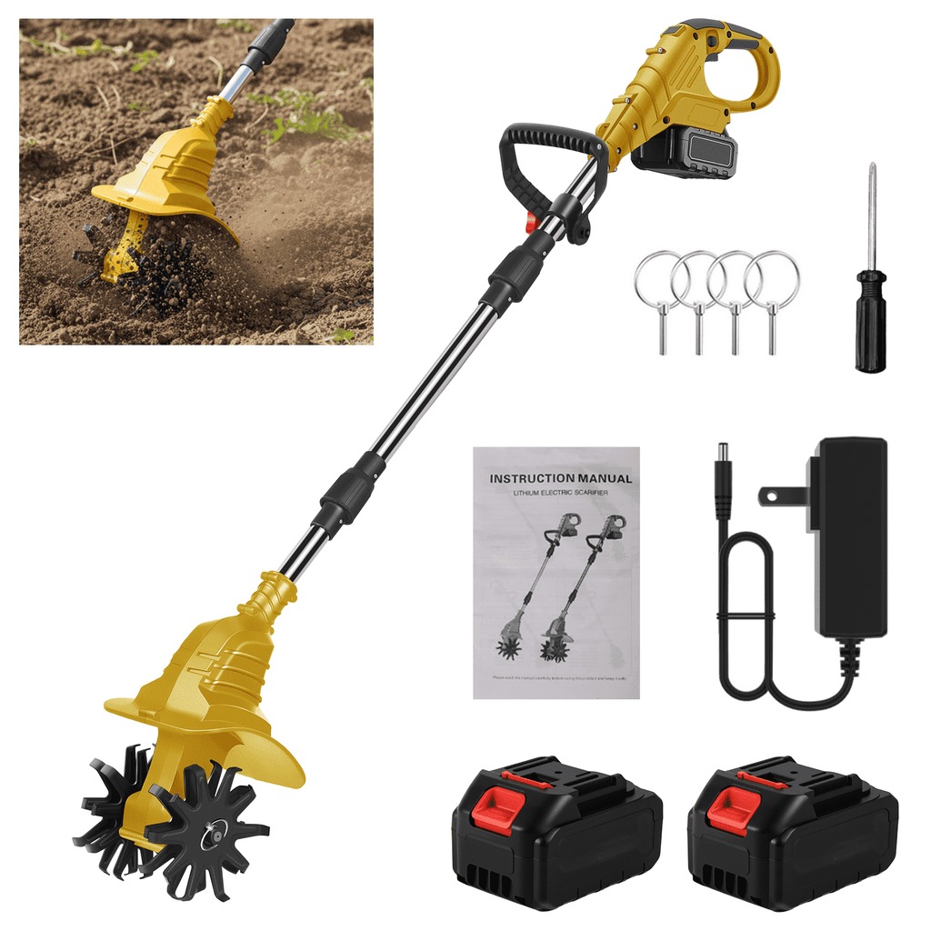 Cordless garden tiller: yellow tiller batteries and accessories.