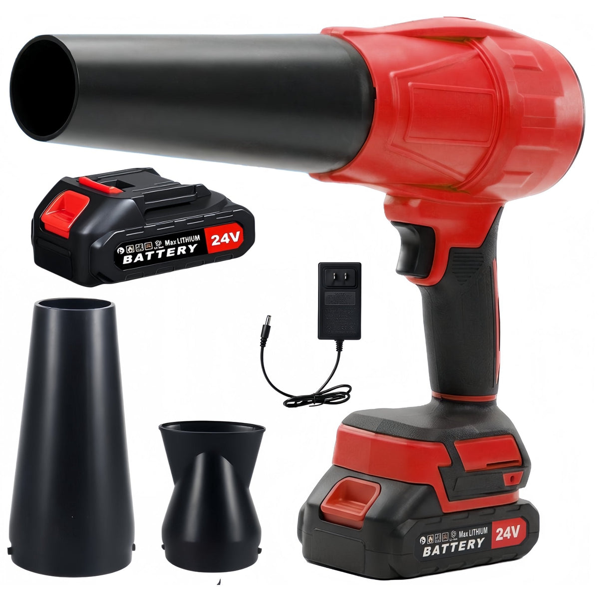 Red cordless leaf blower: red blower batteries charger and nozzles.