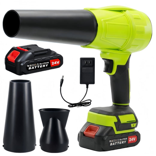 Green cordless leaf blower: green blower batteries charger and nozzles.