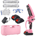 6 inch cordless mini chainsaw: pink mini chainsaw batteries case and accessories.