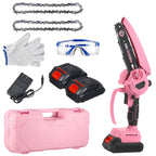 6 inch cordless mini chainsaw: pink mini chainsaw batteries case and accessories.